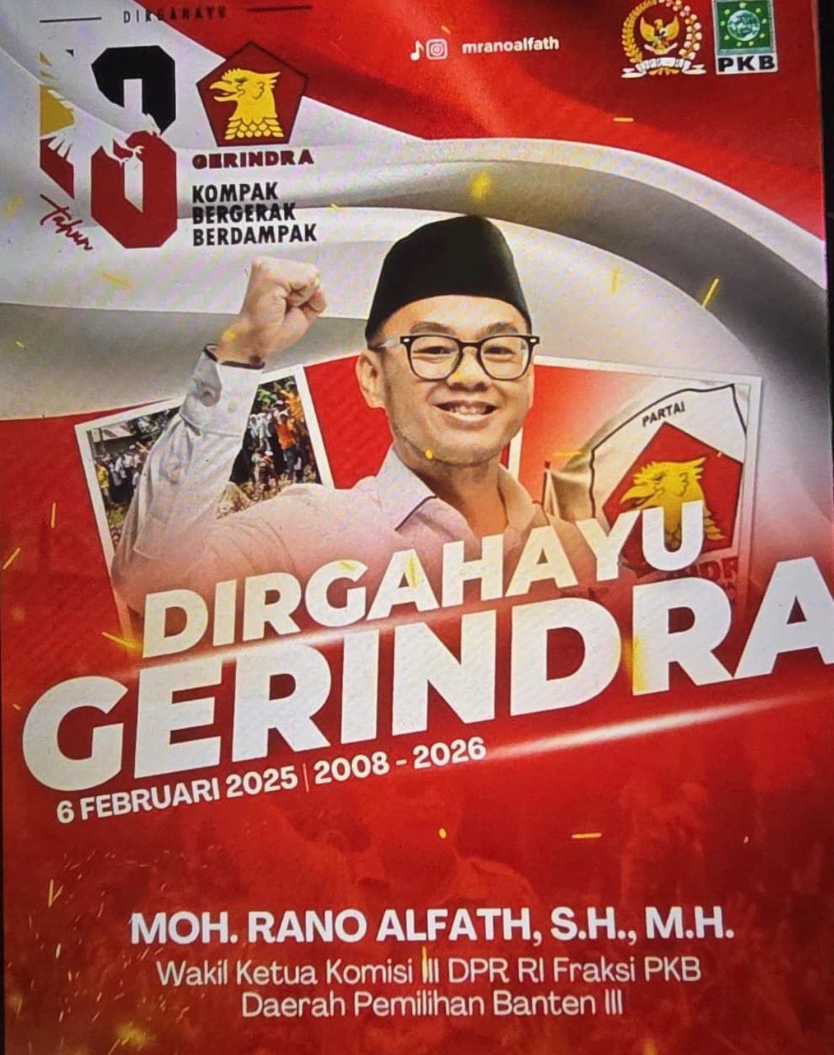 HUT ke-18 Gerindra, Wakil Ketua Komisi III DPR RI Rano Alfath Soroti Peran Strategis Partai dalam Penguatan Demokrasi
